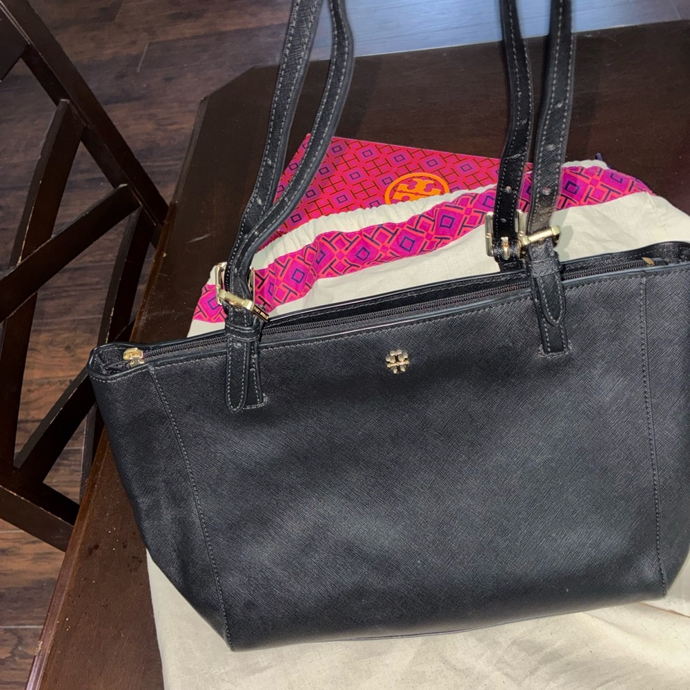 Tory Burch Black Saffiano Tote with Gold Logo Hardware